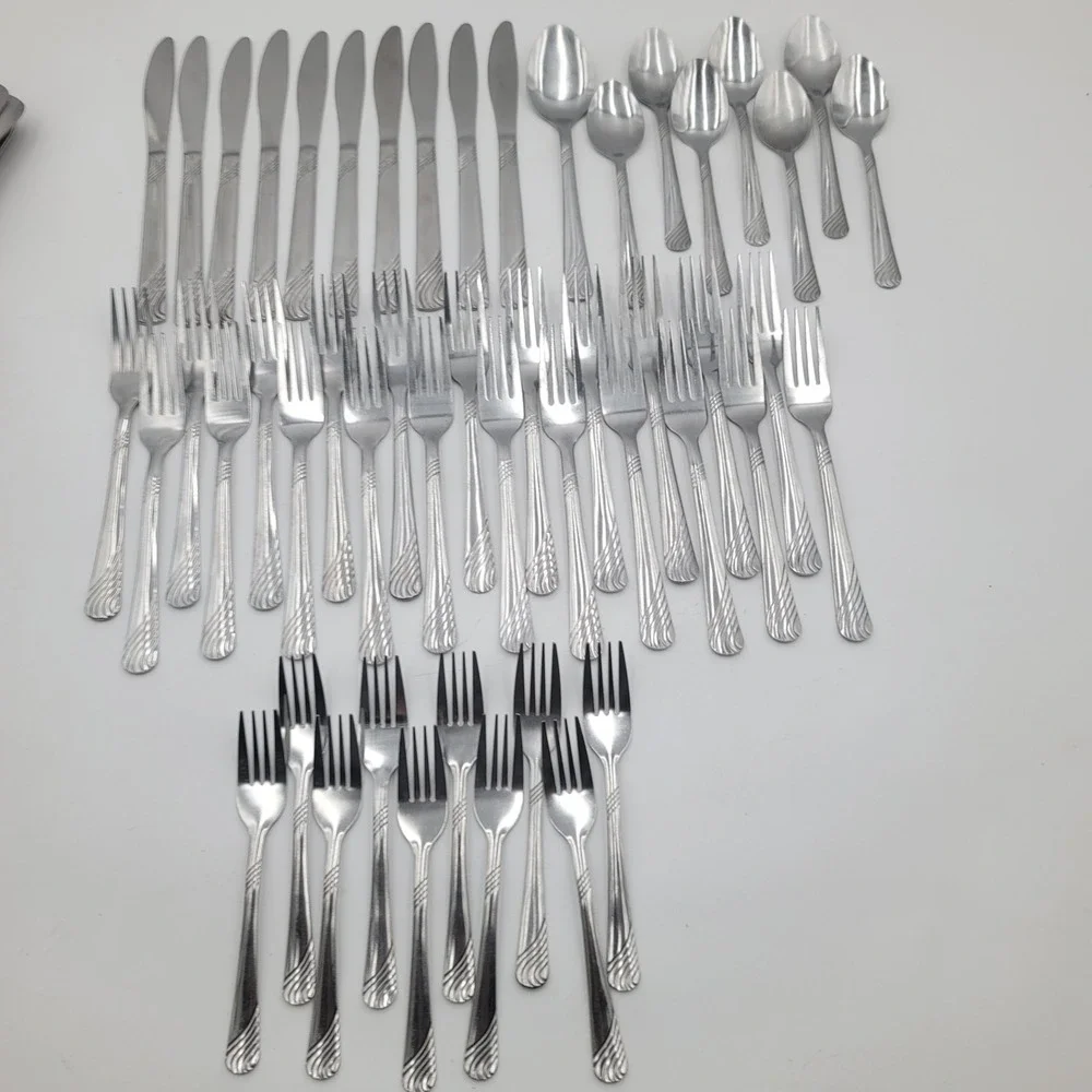 50pc Pfaltzgraff PFF100 Stainless Flatware Swirl Pattern Silverware